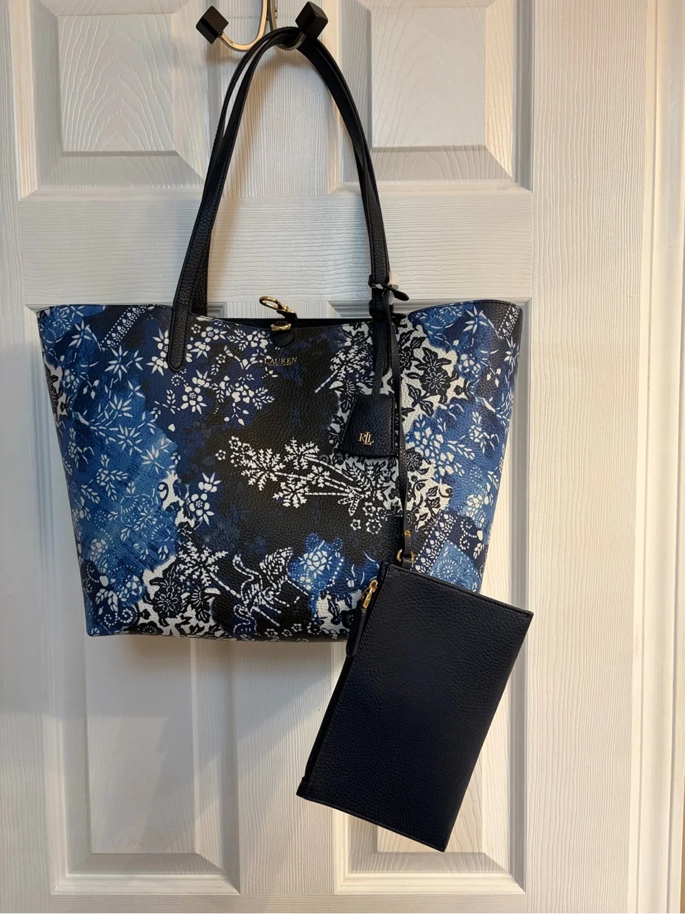 Lauren Ralph Lauren Navy and Blue Floral Tote with Navy Pouch- NWOT